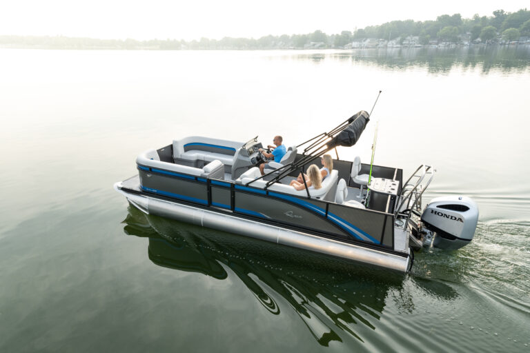 Qwest Pontoons E-Class XRE Cruise model features comfortable bench seating in the bow and rear fishing seats with fish station.