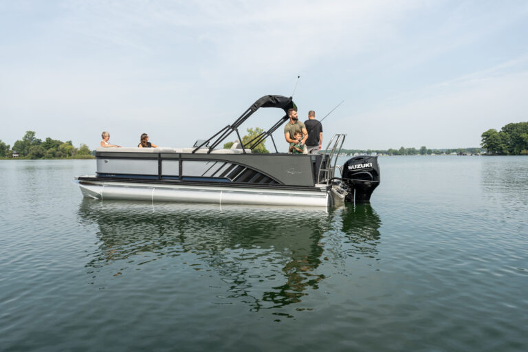 Qwest Pontoons Pro Family Fish with spacious back deck for fishing and front benches for lounging in comfort.