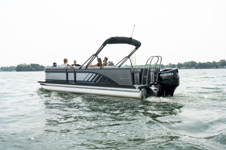 Qwest Pontoons Pro Family Fish with spacious back deck for fishing and front benches for lounging in comfort.