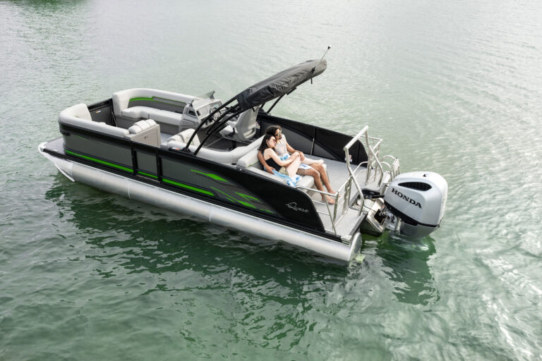 Qwest Pontoons M-Class Lanai features comfortable seating throughout with benches in the front and a rear facing bench on the open back deck.